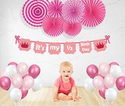 Untumble Half Birthday Decoration for Baby Girl | Pink Its My Half Birthday Decoration Items With Its My 1/2 Birthday Banner, Pink Paperfan Set & Balloons | Half Birthday Decoration | Pack of 47