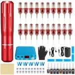 Tattoo Gun Kit - Tattoo Machine Kits Tattoo Supplies Set Tattoo Pen With Tattoo Needles Transfer Paper Suitcase for Tattoo Beginners (red 2)