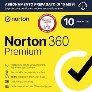 Norton 360 Premium 2024| Antivirus 10 dispositivi|15 mesi rinnovo automatico|Digital Download