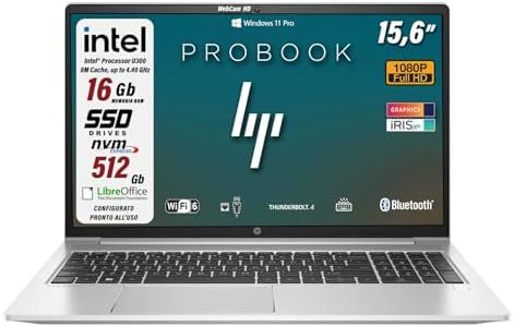 HP ProBook 450 G10 Notebook pc, portatile, Intel U300, 5 Core, SSD dual da 512 Gb, Display FullHD 15.6", RAM 16 Gb, Wi-Fi 6, 2 USB Type-C, Tastiera Retroilluminata, Win 11Pro, Libre Office