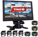 CAMECHO Vehicle Backup Camera - 9 Inch 4-Split Monitor Front View, Rear View Camera 18 IR Night Vision Waterproof Auto Camera with 2x33 ft and 2x65ft Cables for RV, Trailer, Bus,Trucks