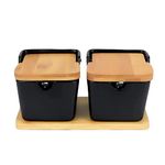 TENDULA Ceramic Condiment Pot with Wood Tray, 2 Pcs Black Porcelain Spice Jars with Spoons and Bamboo Lids, Perfect for Sugar Salt Pepper