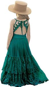 BIBIHOU Girls Kids Lace Back Full-Length Backless Tulle Party Holiday Formal Flower Girl Dress, Green-2, 10 Years