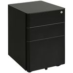 Vinsetto Lockable File Cabinet with 3 Drawers, Steel Rolling Filing Cabinet with 5 Wheels and Pencil Case, Vertical Office Drawer for A4, Letter, Legal Size, Pre-Assembled Body, Black