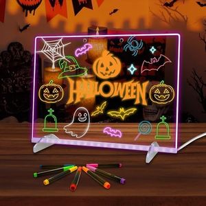 LED Note Board with Colors, 13.8"X10" 4 Modes & 7 Colors Led Acrylic Message Board with Light, Led Drawing Board with Stand, Include Hanging Chain, 7 Markers, Spray Bottle