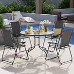 UDPATIO Patio Dining Set, Metal Outdoor Garden Furniture Sets With Glass Table & 4 Folding Chairs for Lawn, Deck, Backyard, Black & Grey