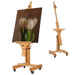 VISWIN Extra-Large Studio Easel, Hold Canvas up to 71"H, Tilts Flat, Solid Beech Wood Heavy Duty Art Floor Easel for Painting, TV, Adjustable Artist Easel Stand with Wheels for Adults - Natural