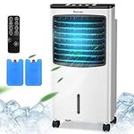 COSTWAY Evaporative Cooler, Portable Cooling Fan with Remote Control, 3-Mode, 3-Speed and 7.5H Timer Function, Include Ice Crystal Boxes, Water Tank and Casters, Bladeless Air Cooler for Home Office (Blue)