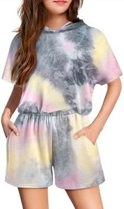 Arshiner Girls 2 Pieces Tie Dye Hoodie Outfits Short Sleeve Pullover Crop Tops and Short Pants Sweatsuits