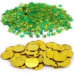 St Patricks Day Decorations, Konsait St.Patrick Shamrocks and Leprechauns Foil Table Confetti (About 400Pcs) &Lucky Shamrock Plastic Coins (40/Pkg) for Saint Patrick Party Decoration Favors Supplies