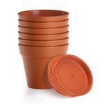 FHWTY 6 Pack Plastic Plant Pots with Drainage Holes and Tray, 7 inch Thickened Indoor Planters Seedlings Nursery Pots for Flowers, African Violet, Succulent and All House Plants, Terracotta