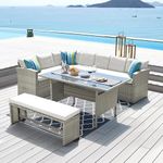 ECASA Vegas corner dining table set in rattan for garden patio conservatory and outdoor use. Garden dining set with bench, table and corner sofa. (Mixed Grey)