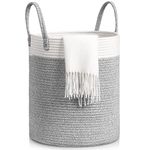 Tesmien Laundry Basket, Toy Storage Basket for Kids Baby, Large Foldable Woven Storage Baskets Cotton Rope Blanket Baskets with Handle,Organiser Nursery Decor Laundry Hamper, Grey+White (35x40cm)