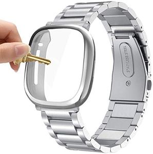 Maxjoy Compatible with Fitbit Sense/Versa 3 Bands, Versa3 Metal Band Large Stainless Steel Bracelet Wristband with Protective Case for Men Women Compatible with Fitbit Sense/Versa 3 Watch, Silver