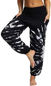 Nuofengkudu Mujer Hippies Pantalones Harem Tailandeses Boho Estampados Bolsillos Cintura Alta Baggy Yoga Pants Verano Playa Fiesta (Negro B,Talla única)