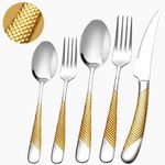 20 Piece Hammered Modern Silver Gold Silverware Set, 18/10 Stainless Steel Flatware Set, Golden Kitchen Utensil Set Service for 4, Tableware Set, Cutlery Set Including Fork Spoon and Knife