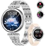 Smart Watches for Women, 1.19" AMOLED Always-on Display Diamond Smart Watch with Bluetooth Call, Blood Pressure/SpO2/Heart Rate Monitor, Waterproof Pedometer Silver Ladies Smartwatch for Android iOS