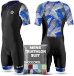 SLS3 Triathlon Suits Mens - Aerodynamic Sleeved Tri Suit Men – Lightweight Trisuit with Premium FX Fabrics - 2 Pockets (Black/Blue Geo, Large)