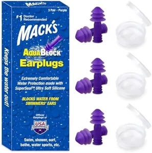 Mack's AquaBlock Swimming Earplugs, 3 Pair - Comfortable, Waterproof, Reusable Silicone Ear Plugs for Swimming, Snorkeling, Showering, Surfing and Bathing (Purple)