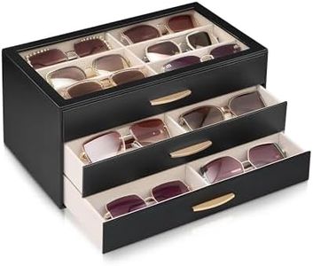 Lolalet 18 Slots Women’s Sunglasses Organizer with Enlarged Compartment, 3-Layer Eyewear Storage Box with Drawer, Glasses Case Display Holder with Clear Top Lid for Eyeglass Collection -Black