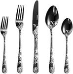 Fivent Jungle Black Cutlery Set - 20 pcs - Includes 8 x Spoons, 8 x Forks, 4 x Knife - Stainless Steel, Dishwasher Safe, Mirror Polished Tableware - Durable Flatware - Home Kitchen