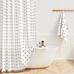 BTTN White and Black Boho Shower Curtain - Linen Rustic Farmhouse Heavy Duty Fabric Shower Curtain Set with Tassel, Water Repellent, Bohemian Vintage Country Cloth Shower Curtains for Bathroom, 72x72