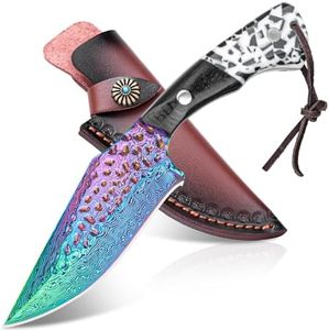 4.2" Damascus Hunting Knife with Leather Sheath – Rainbow Titanium Coating, German High-Carbon Steel, Two-Tone Wood Handle, EDC Outdoor Knife