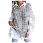 Women's Sleeveless Jumpers Knit Sweater Vest Cable Knitwear Tanks Autumn Winter Solid Color Round Neck Knitted Sleeveless Checked Sweater Vests Elegant Ladies Pullover Sweater Soft Tank Top Grey