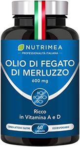 Olio di Fegato di Merluzzo 600 mg | 100% del fabbisogno di vitamine A e D | Immunità | Salute della pelle | Capitale osseo | Qualità premium | 60 capsule | Nutrimea