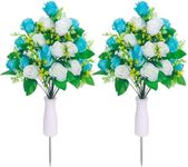 Lodou Artificial Cemetery Flowers,Grave Flowers, Grave Decorations Roses,Graveyard Memorial Flowers with Cemetery Vase for Grave Arrangements (2, White & Blue)