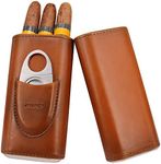 AMANCY Top Quality 3- Finger Brown Leather Cigar Case, Cedar Wood Lined Cigar Humidor with Silver Stainless Steel Cutter