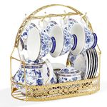 fanquare 15 Pieces British Vintage Porcelain Tea Set, Blue Floral Ceramic Coffee Set with Stand, Cups and Saucer Service for 6, for Afternoon Tea, Party