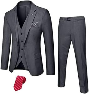 YND Men's Slim Fit 3 Piece Suit with Stretch Fabric, One Button Solid Blazer Vest Pants, Party Wedding Dress with Tie Deep Grey Small
