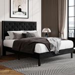 Allewie Full Size Bed Frame, Velvet Upholstered Platform Bed with Adjustable Diamond Button Tufted & Nailhead Trim Headboard, Wood Slat Support, Easy Assembly, No Box Spring Needed, Black