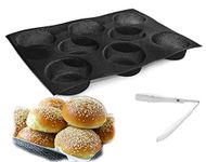 Silicone Hamburger Bread Forms Silicone Hamburger Buns Perforated Bakery Molds Pan Roll Non Stick Baking Sheets+Food Tongs,Bread Buns Mold 8 Cavities Black Bread Maker Molds Pans