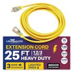 25ft Power Outdoor Extension Cord & Indoor - Waterproof Electric Drop Cord Cable - 3 Prong SJTW, 12 Gauge, 15 AMP, 125 Volts, 1875 Watts, 12/3 by LifeSupplyUSA - Yellow (1 Pack)