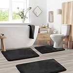 Clara Clark 3-Pack Bath Mat Set - Large, Small and Contour Bathroom Rug Set, Absorbent Memory Foam Bath Rugs, Non-Slip, Thick, Velvet Microfiber Bathrug, Plush Shower, Toilet Bathmats Carpet, Black