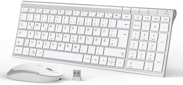 iClever Set tastiera senza fili, tastiera e mouse wireless ricaricabili, layout QWERTZ (tedesco), ultra thin per computer/desktop/PC/laptop/Windows 10/8/7, bianco e argento