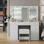 FUSOU Vanity Desk with Power Outlet, 9 Drawers Makeup Vanity with Mirror and 12 LED Lights, 3 Lighting Modes, Glass Top Vanity Set, Fold-up Panel, Dressing Table for Bedroom, White