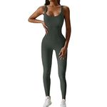 Yoga Jumpsuit for Women Workout Gym Seamless Ribbed One Piece Square Neck Tummy Control Padded Sport Bra Jumpsuits(Olive Green,M)