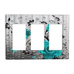 Teal Floral Turquoise Rose Flower Water Drop 3 Gang Rocker Light Switch Cover Decorative Triple Decora Wall Plate Electrical GFCI Faceplate Outlet Covers for Kitchen Bathroom Home Decor