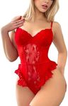 OYOANGLE Women's One Piece Contrast Lace Ruffled Hem Lingerie V Neck Cut Out Teddy Babydoll Bodysuits Red Small