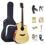 Rosen 4/4 Acoustic Guitar for Beginners Soild Spruce Top 41 Inch Guitarra Full Size Cutaway with Gloss Finish Bundle Starter Kit with Gig Bag, Tuner, Strings, Strap, and Picks