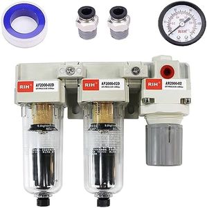 RIH Pneumatics 1/4'' NPT Auto Drain Compressed Air Double Filter & Regulator, Air Compressor Water Separator, Auto Drain, Poly Bowl,0-150 psi Gauge, 5 Micron Brass Element AC2110-02D(1/4 NPT)