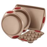 Rachael Ray Cucina 4-Piece Bakeware Set, Latte Brown with Cranberry Red Handle Grips