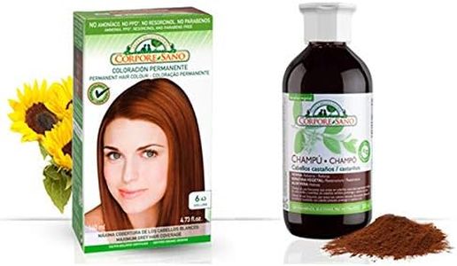 Pack Coloracion AVELLANA 6.43 Permanente 140ml + Champu Henna CASTAÑO 300ml - Tinte sin amoníaco, resorcinol ni parabenos. Los champús a la Henna potencian la durabilidad del color
