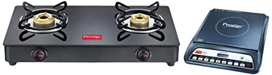 Prestige IRIS LPG Gas Stove, 2 Burner, Black, Powder coater Mild Steel with Glass Top, Manual & Prestige PIC 20 1600 Watt Induction Cooktop with Push button (Black)