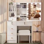 Makeup Vanity Desk with LED Light and Mirror, Table Set with 6 Drawers and 2 Shelves, 3 Color Modes, Adjustment Brightness, Makeup Vanity Desk with Stool for Bedroom