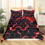 Tabeskly Boy Hexagon geometry Bedding Duvet Covers Set Single, Kids Graffiti Soft Zipper Childrens Full Bed 3 Piece Quilt Covers and Pillowcases Black Red 135×200cm