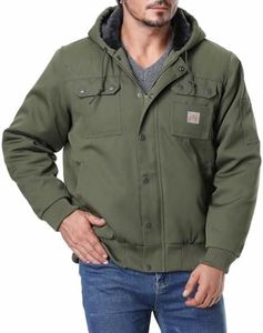 TUAOVA Men's Fit Relaxed Work Coat Fleece Lined Waterproof Workwear Winter Hooded Jacket with Multiple Pockets(Army Green,XL)